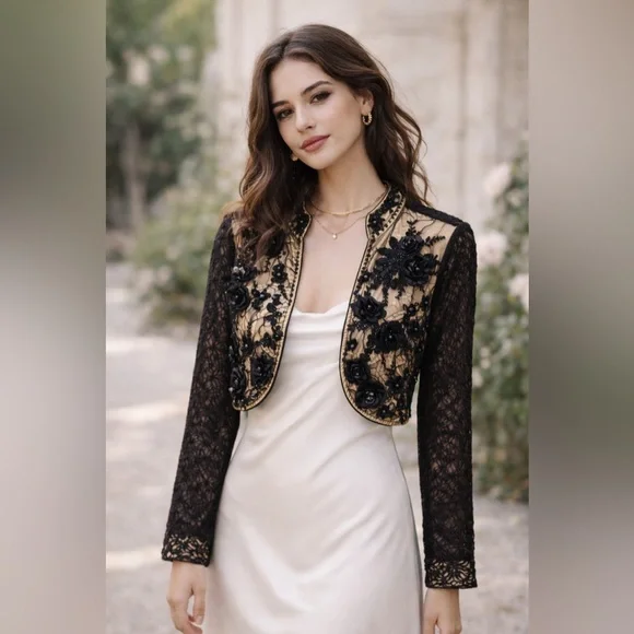 Sandy Starkman Boston Proper Beaded Lace Bolero  Cropped Evening Jacket Size M - Picture 2 of 6